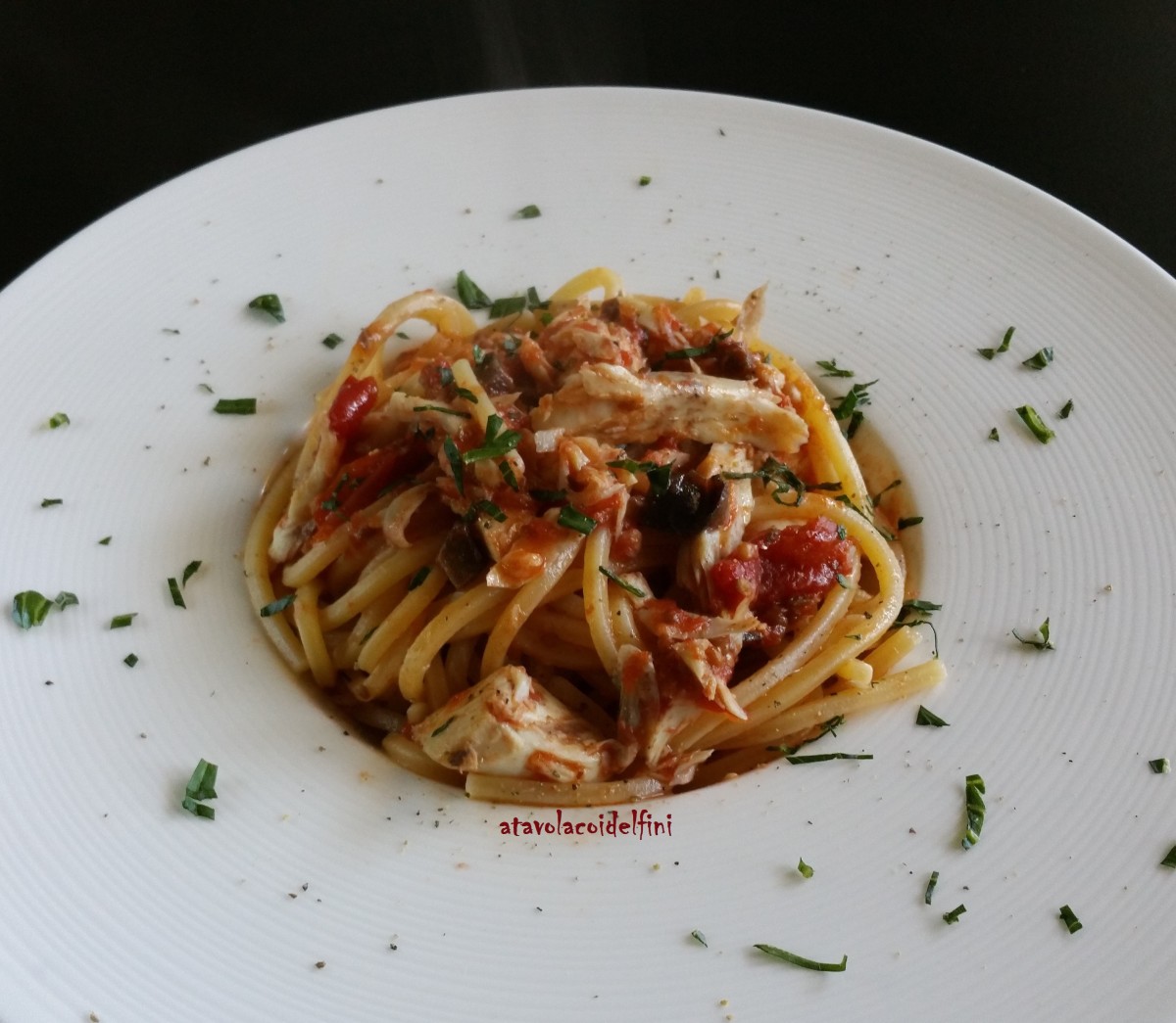 Spaghetti quadrati al sugo di ricciola, pomodori fiaschetto e olive leccine