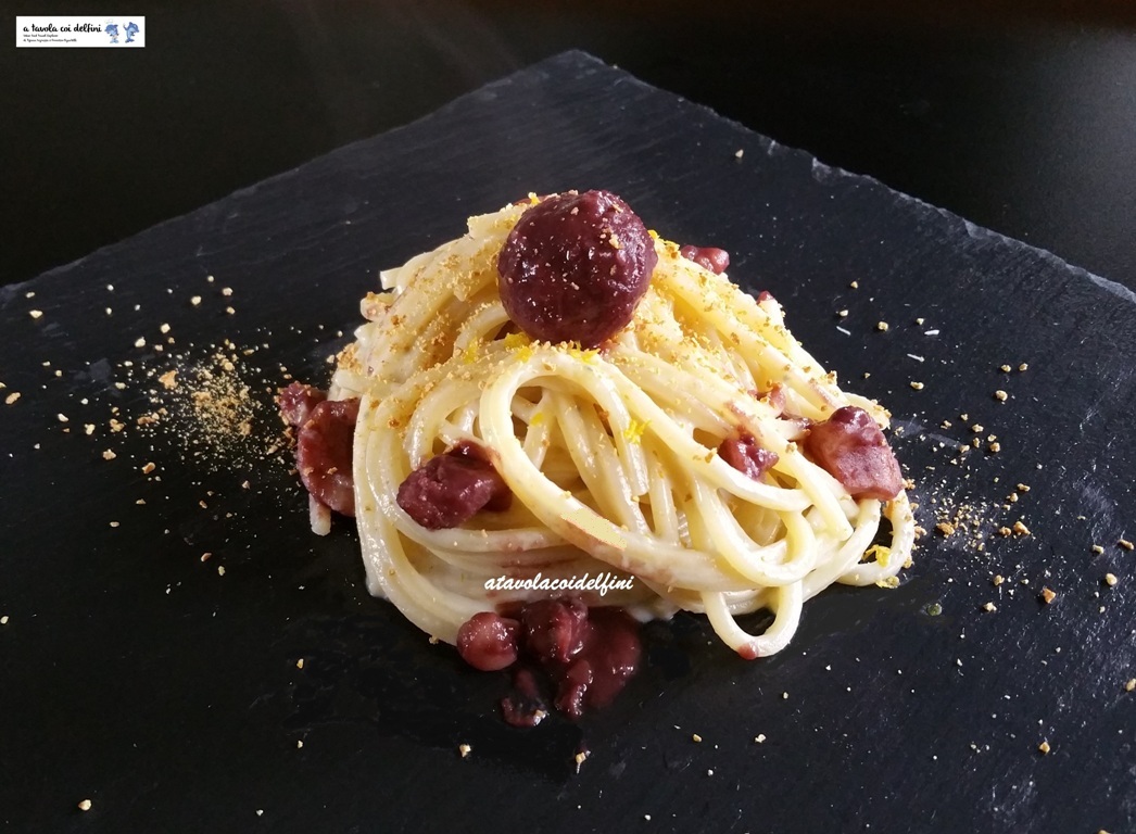 Spaghetti al blu di pecora, castagne al vino Taurasi e polvere di arancia